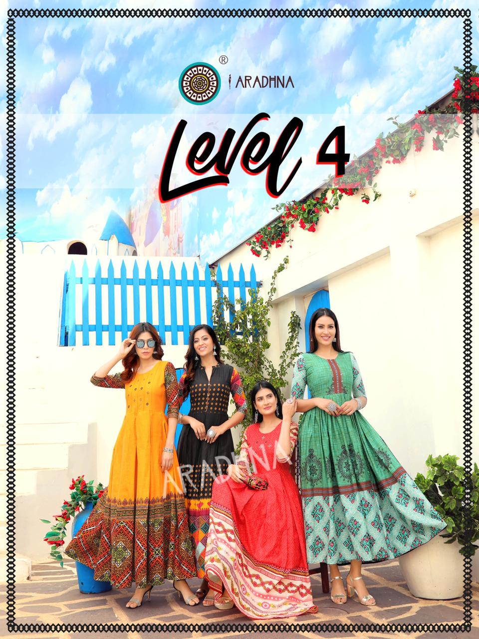 Aradhana Level 4 Latest Fancy  Printed Style Long Casual Wear Anarakali  Flair Pure Cotton Designer Kurti  Collection 


